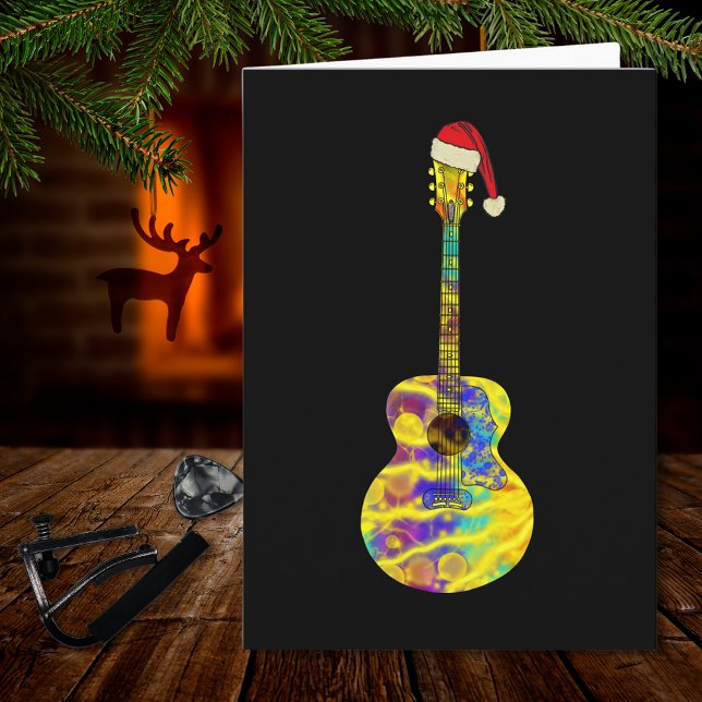 guitar Santa Colorful  Card (Funky Christmas guitar wearing a Santa hat on black music themed holiday greetings card musician)