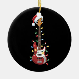 Guitar Santa Hat Christmas Lights Bass Player Xmas Ceramic Ornament