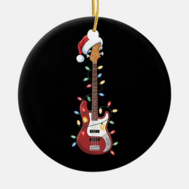 Guitar Santa Hat Christmas Lights Bass Player Xmas Ceramic Ornament (Front)