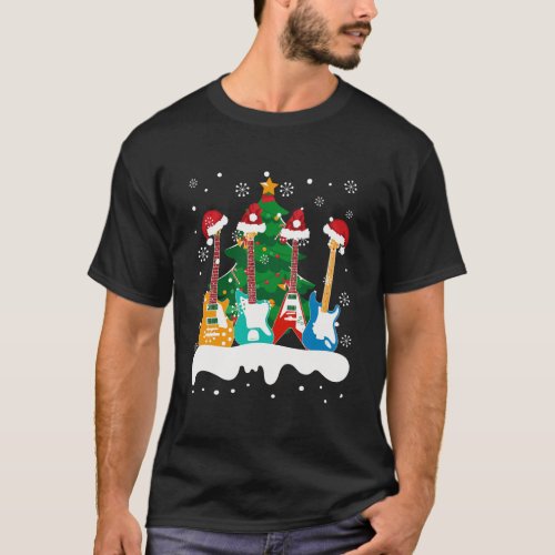 Guitar Santa Hat Christmas Tree Funny Music Guitar T_Shirt