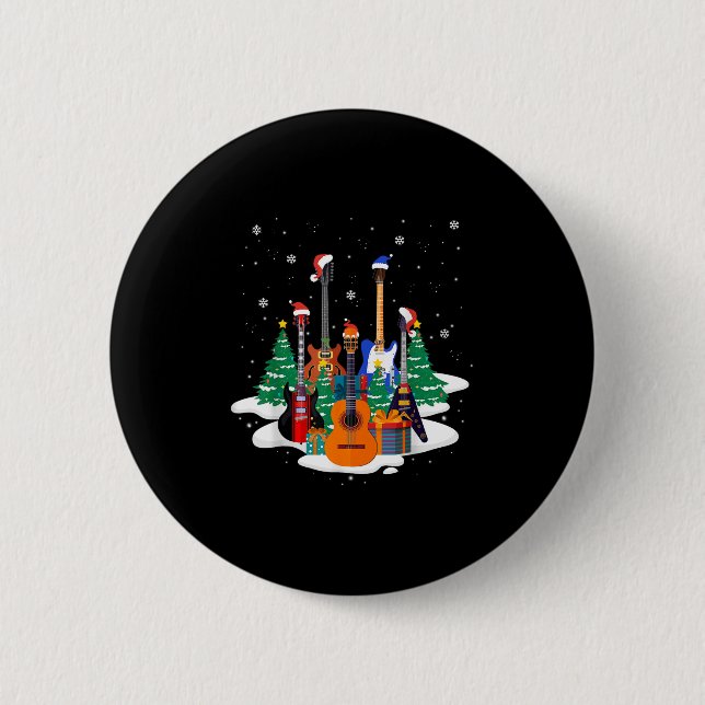 Guitar Santa Hat Christmas Tree Funny Music Loves  Button (Front)
