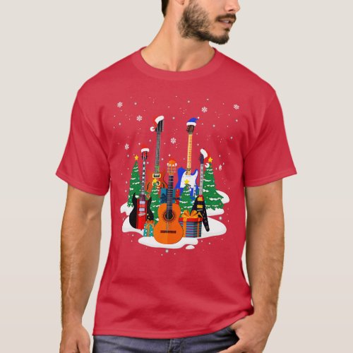 Guitar Santa Hat Christmas Tree Music Loves Xmas T_Shirt