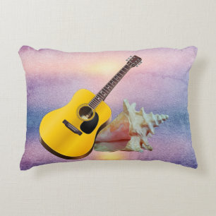 Guitar & Seashell Purple Beach Sunset Accent Pillow
