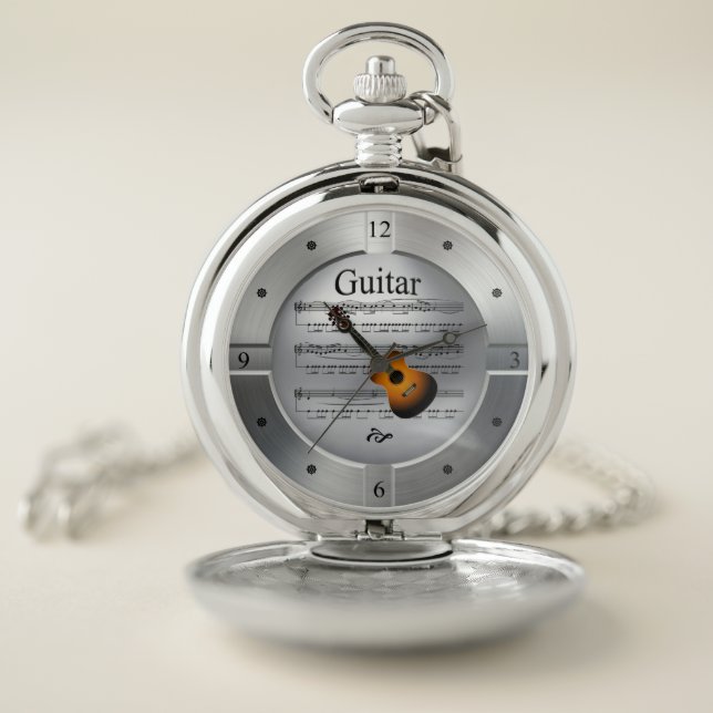 Guitar ~ Sheet Music ~ Brushed Silver Color ~ Pocket Watch (Inside)