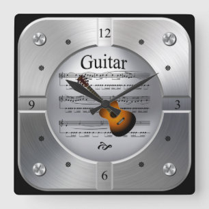 Guitar ~ Sheet Music ~ Brushed Silver Color ~ Square Wall Clock