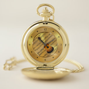 Guitar ~ Sheet Music ~ Gold Background ~ Unique ~ Pocket Watch