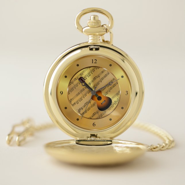 Guitar ~ Sheet Music ~ Gold Background ~ Unique ~ Pocket Watch (Inside)