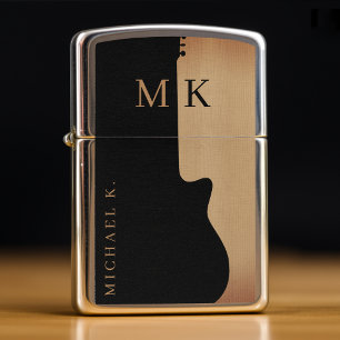 Guitar Silhouette Brown Wood Name Monogram Zippo Lighter