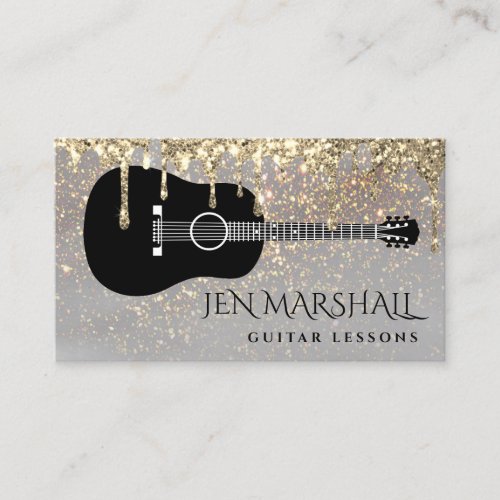guitar silhouette on faux gold glitter business card