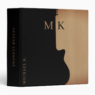 Guitar Silhouette Tan Wood Name Monogram 3 Ring Binder