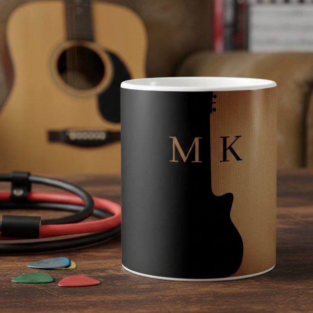 Guitar Silhouette Tan Wood Name Monogram Coffee Mug (Creator Uploaded)