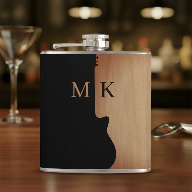 Guitar Silhouette Tan Wood Name Monogram Flask (Creator Uploaded)
