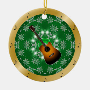 Guitar ~ Silver ~ Green ~ Gold ~ Christmas ~ Ceramic Ornament