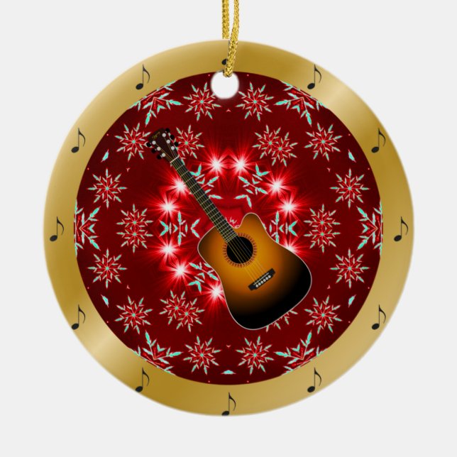 Guitar ~ Silver ~ Red~ Gold ~ Christmas ~ Ceramic Ornament (Front)