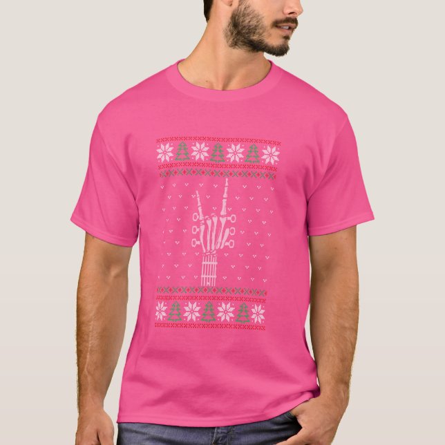 Guitar skeleton hand devil horns ugly Christmas sw T-Shirt (Front)