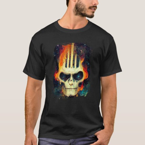 Guitar Skeleton Skull with Flames over the Galaxy  T-Shirt