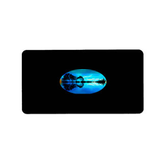 Guitar Sunset Sky Trees City Lake Reflection Label