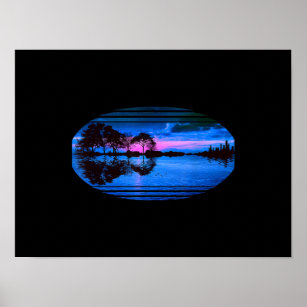 Guitar Sunset Sky Trees City Lake Reflection Poster