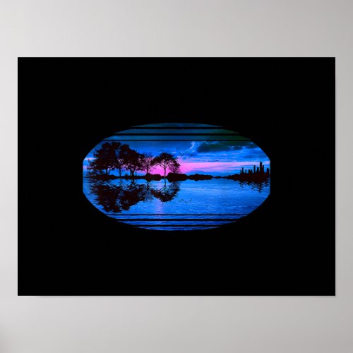 Guitar Sunset Sky Trees City Lake Reflection Poster
