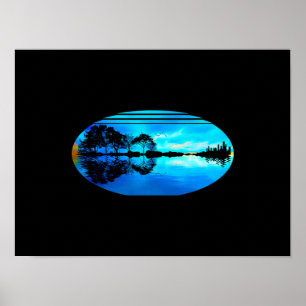Guitar Sunset Sky Trees City Lake Reflection Poster