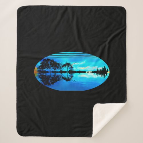 Guitar Sunset Sky Trees City Lake Reflection Sherpa Blanket