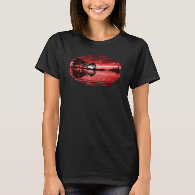 Guitar Sunset Sky Trees City Lake Reflection Styli T-Shirt (Front)