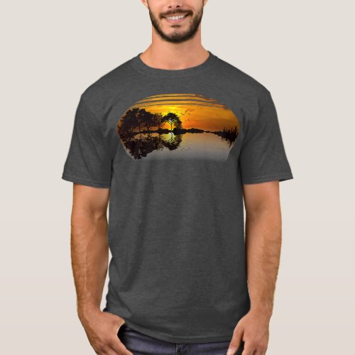 Guitar Sunset Sky Trees City Lake Reflection T_Shirt