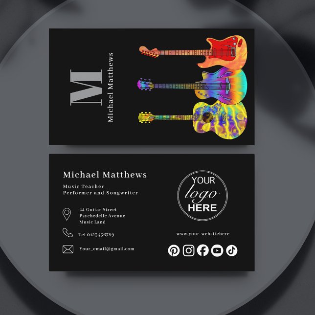 Guitar Teacher Custom Logo and Social Media Business Card (Modern guitar teacher social media custom logo business card black)