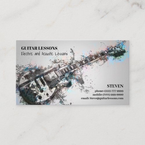 Guitar Teacher | Electric & Acoustic Lessons Business Card - Cool trendy business card for musicians to offer guitar lessons both electric and acoustic. Stylish grey and black design with a template that can easily be personalized.