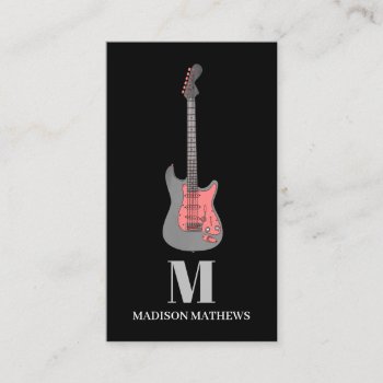 Guitar Teacher Monogrammed Simple Black Pink Business Card by PennyDrop at Zazzle