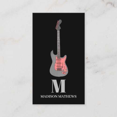 Guitar Teacher Monogrammed Simple Black Pink Business Card