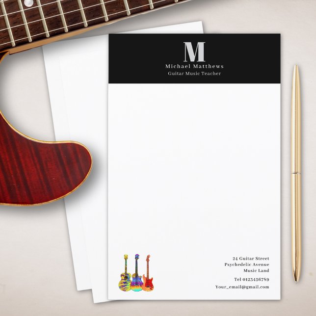 Guitar Teacher Music Lessons Custom Business (Guitar music teacher custom business stationary)