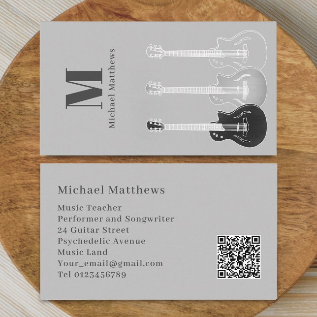 Guitar Teacher Music Professional Musician QR Code Business Card (Modern guitar music teacher professional musician qr code gray Business card )