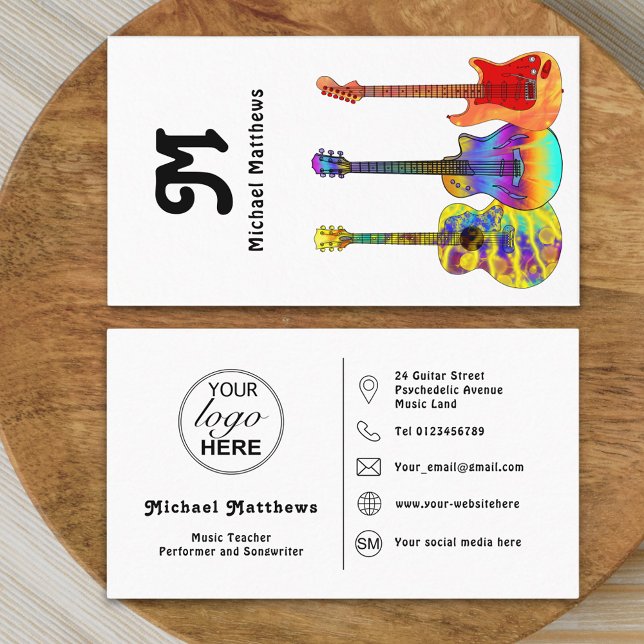 Guitar Teacher Musician Logo Social Media Icon Business Card (Modern guitar teacher professional musician logo social media Business card retro groovy typography )