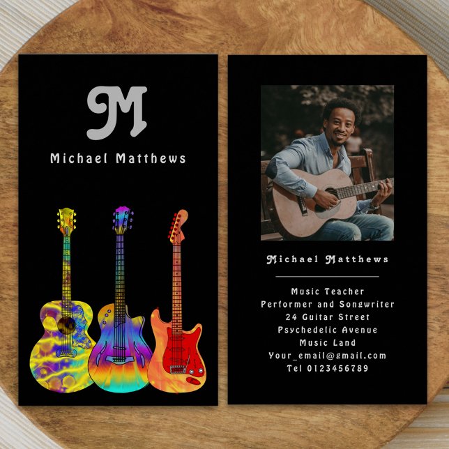 Guitar Teacher Professional Musician Photo Business Card (Modern music teacher professional musician gray black photo Business card personalized monogram )