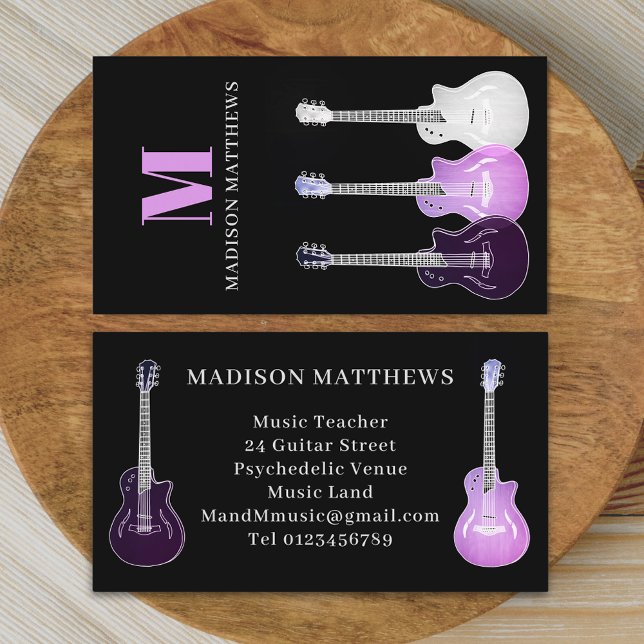Guitar Teacher Professional Musician Pink Black Business Card (Simple Guitar music teacher professional musician pink and black Business card Semi acoustic art)