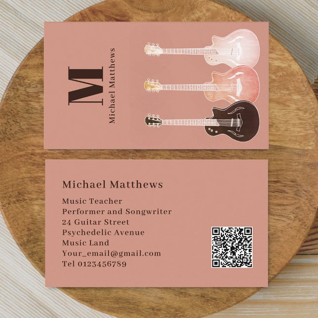 Guitar Teacher Professional Musician QR Code Business Card (Guitar teacher professional musician Qr code Business card Country music semi acoustic guitar art )