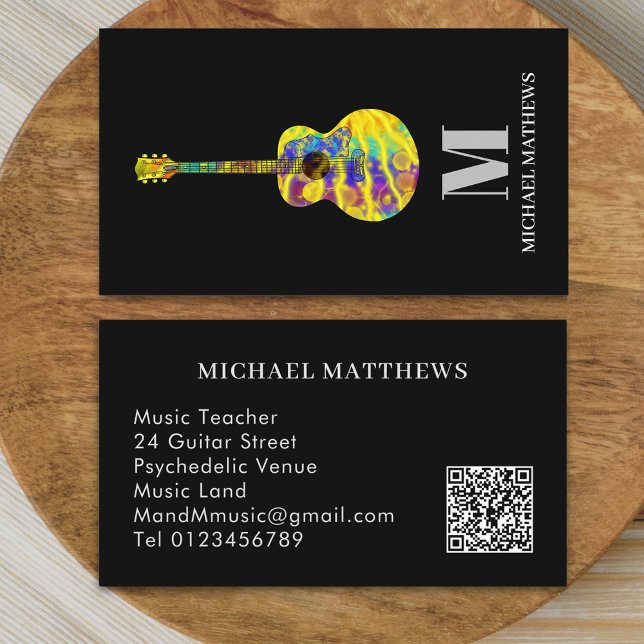Guitar Teacher Professional Musician QR Code Business Card (Modern guitar music teacher professional musician qr code Business card colorful psychedelic guitar )