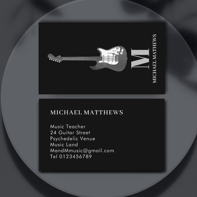 Guitar Teacher Professional Musician Simple Black Business Card (Guitar music teacher black and white professional business card)