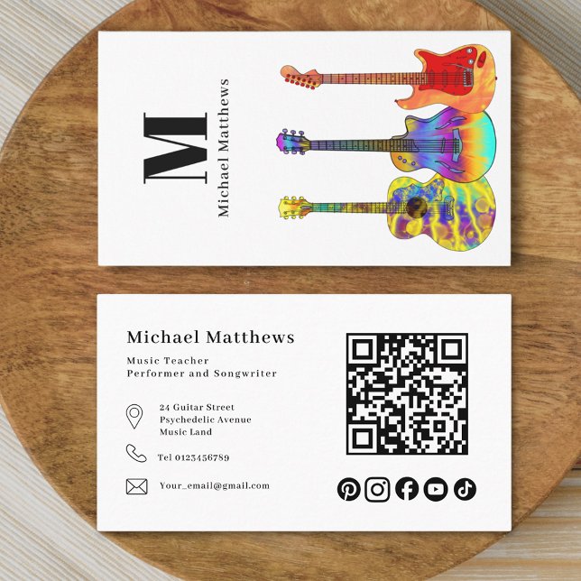 Guitar Teacher QR code and Social Media Business Card (Modern guitar music teacher professional musician qr code & social media black & white Business Card)
