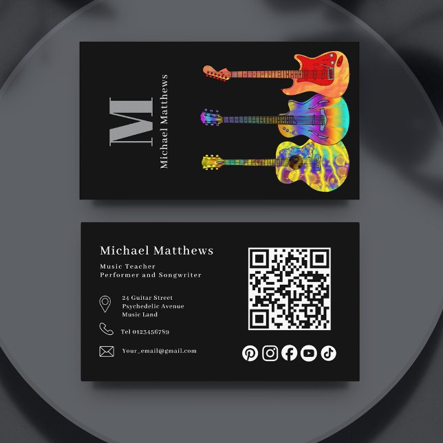 Guitar Teacher QR Code and Social Media Custom Business Card (Guitar teacher qr code and social media custom business card)
