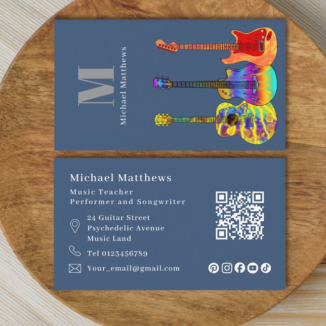 Guitar Teacher QR Code and Social Media Custom Business Card (Guitar music tutor qr code and social media custom business card)