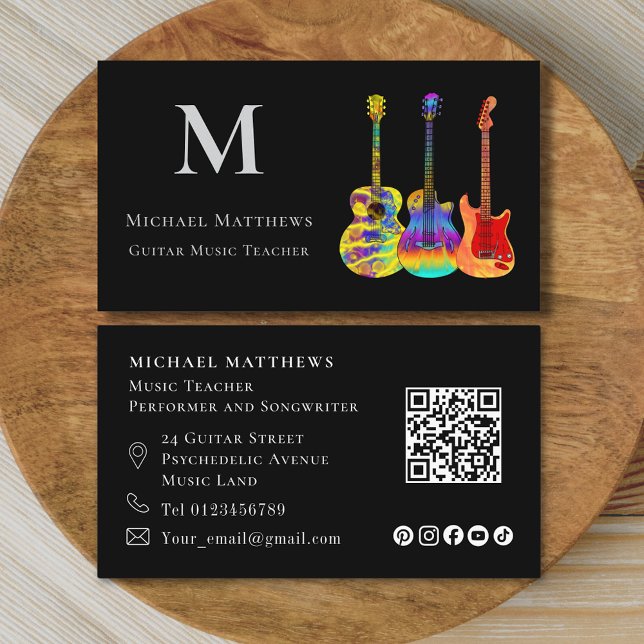Guitar Teacher QR Code Social Media Business Card (Modern guitar teacher qr code and social media custom business card)