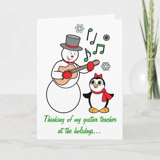 Guitar Teacher Snowman and Penguin Holiday Card (Front)