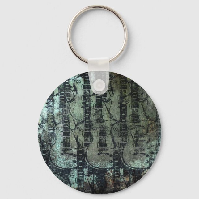 Guitar Teal Green Black Collage Keychain (Front)