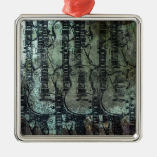 Guitar Teal Green Black Collage Metal Ornament