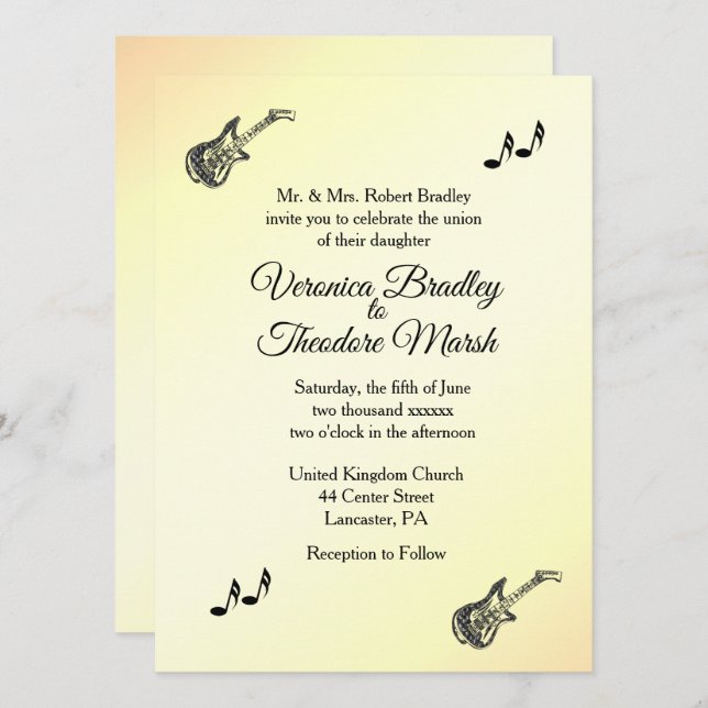 Guitar Theme Yellow Wedding Invitation   (Front/Back)