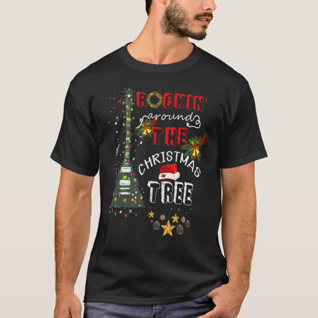 Guitar Tree Lights Rocking Music Merry Christmas C T-Shirt (Front)
