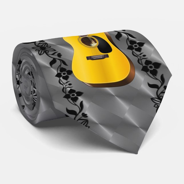 GUITAR-VINE ON GRAY NECK TIE (Rolled)