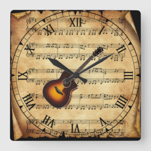 Guitar ~ Vintage Sheet Music Background ~ Unique ~ Square Wall Clock